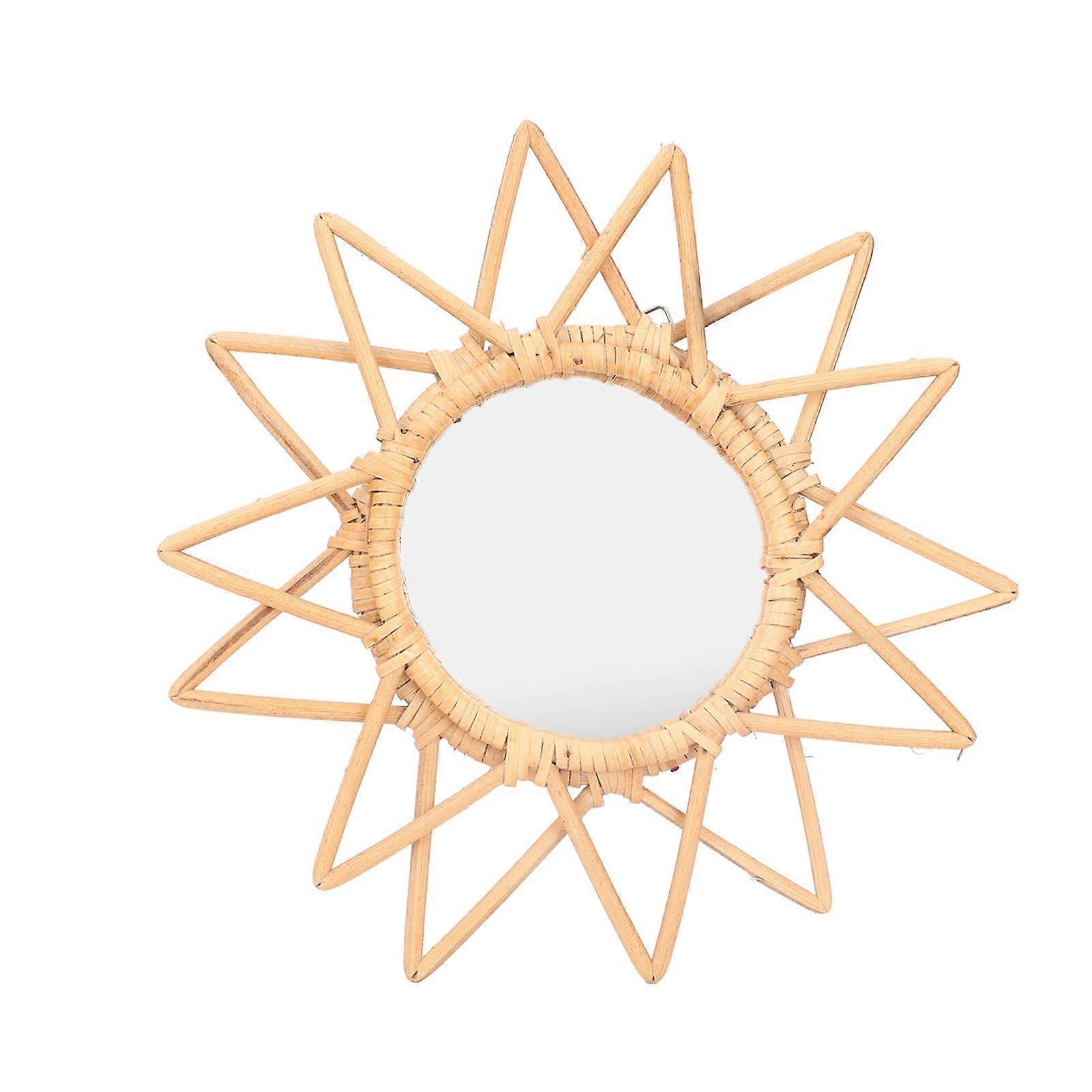 Rattan Makeup Mirror Retro Style Wall Hanging Dressing Mirror for Bathroom, Decorative Art, 24 Inch