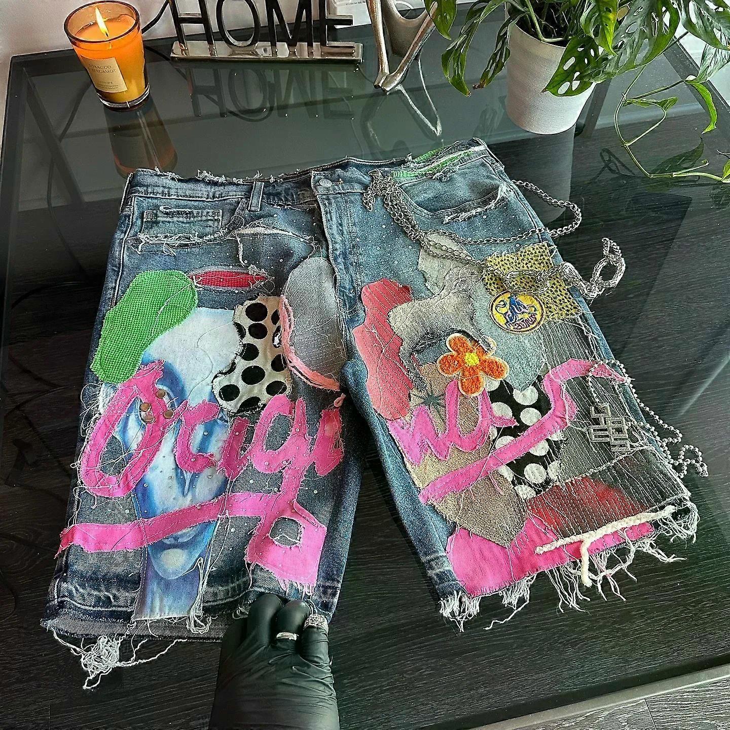 الهيب هوب رسمت خليط فضفاض الدنيم السراويل y2k أزياء الشارع القوطية الشرير مستقيم جينز السراويل الرجال النساء الرجعية Jorts العصرية