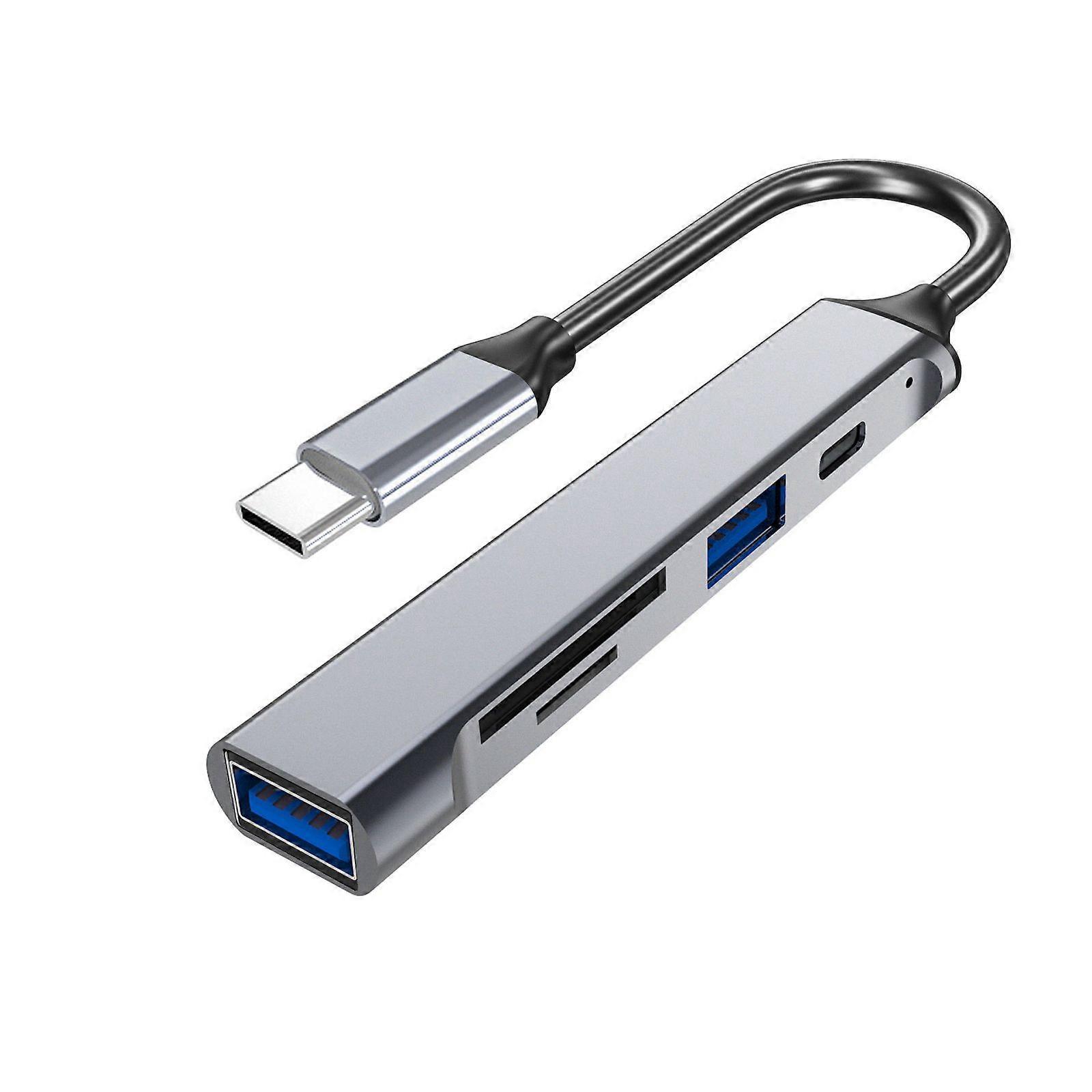 Aluminum Alloy USB Hub to 5 in 1 Type C Data + USB 2.0/3.0 Card Reader for Laptops and Desktops  Gray