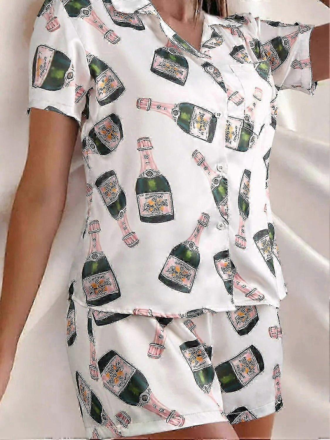 2025 Champagneflasker Knapp Pyjamassett Kvinner Trykt Kortermet 2 Deler Mykt Løst Casual Nattøy