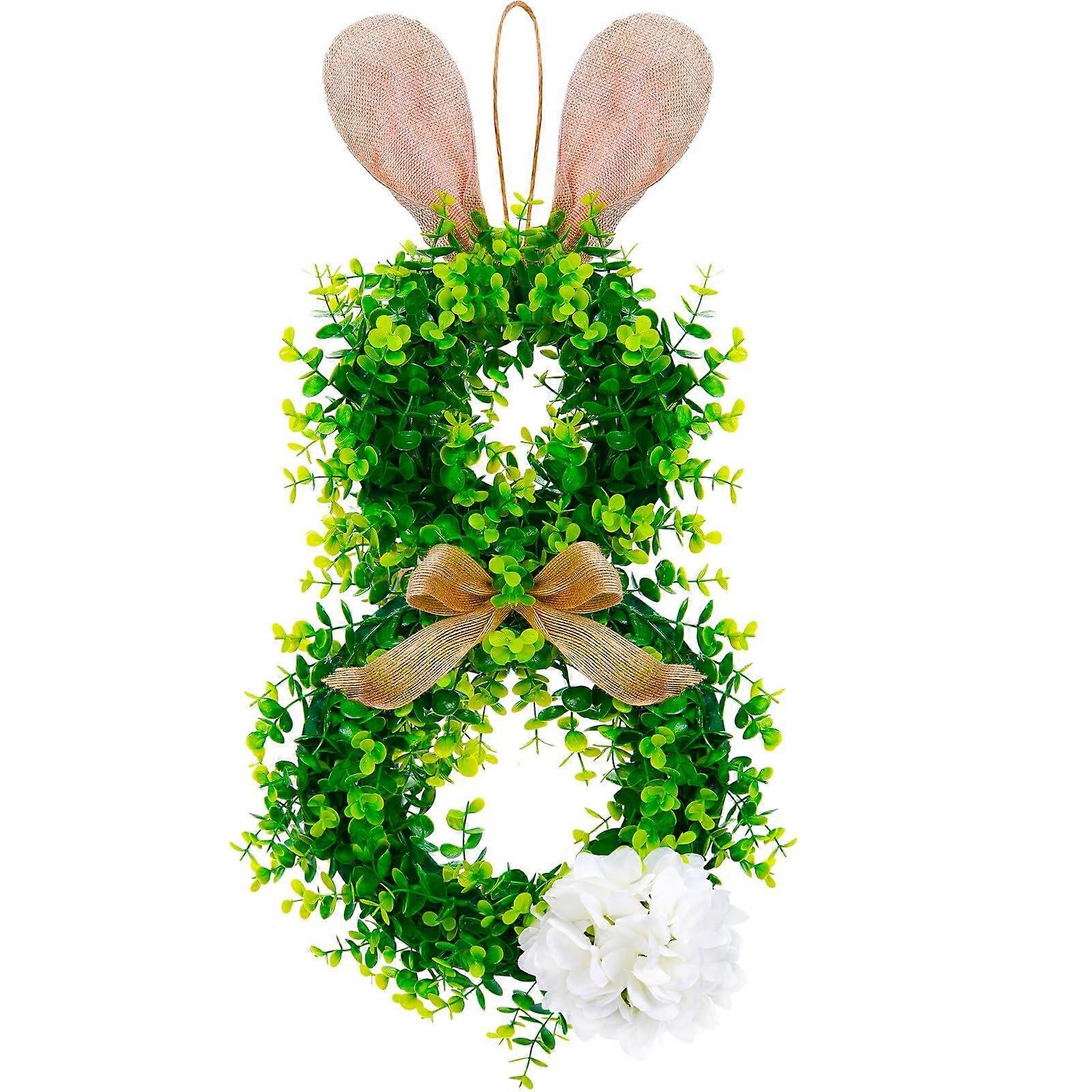21inch Easter Bunny Spring Wreath for Front Door Cute Rabbit Ears Artificial Greenery Boxwood Wreath with Linen Bow