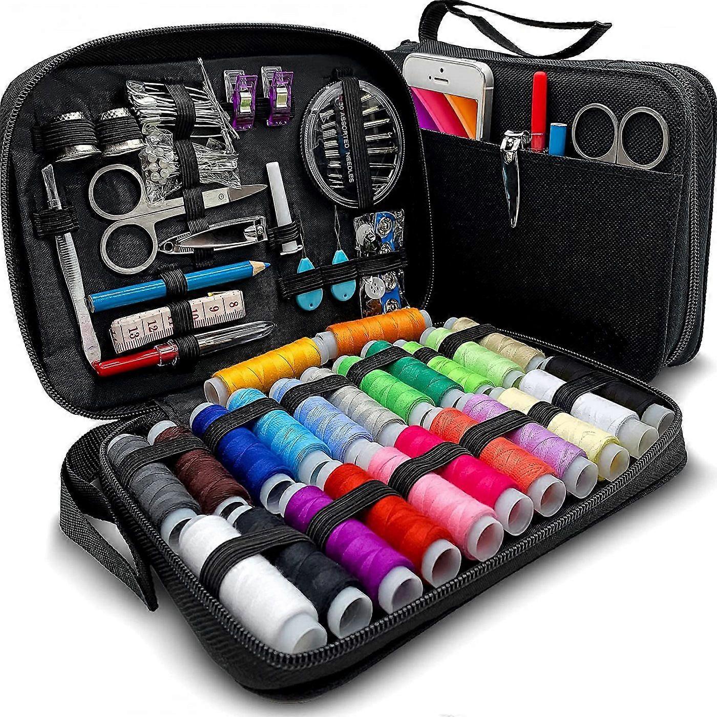 Compact travel sewing kit with needle, thread, scissors and other emergency patch up items