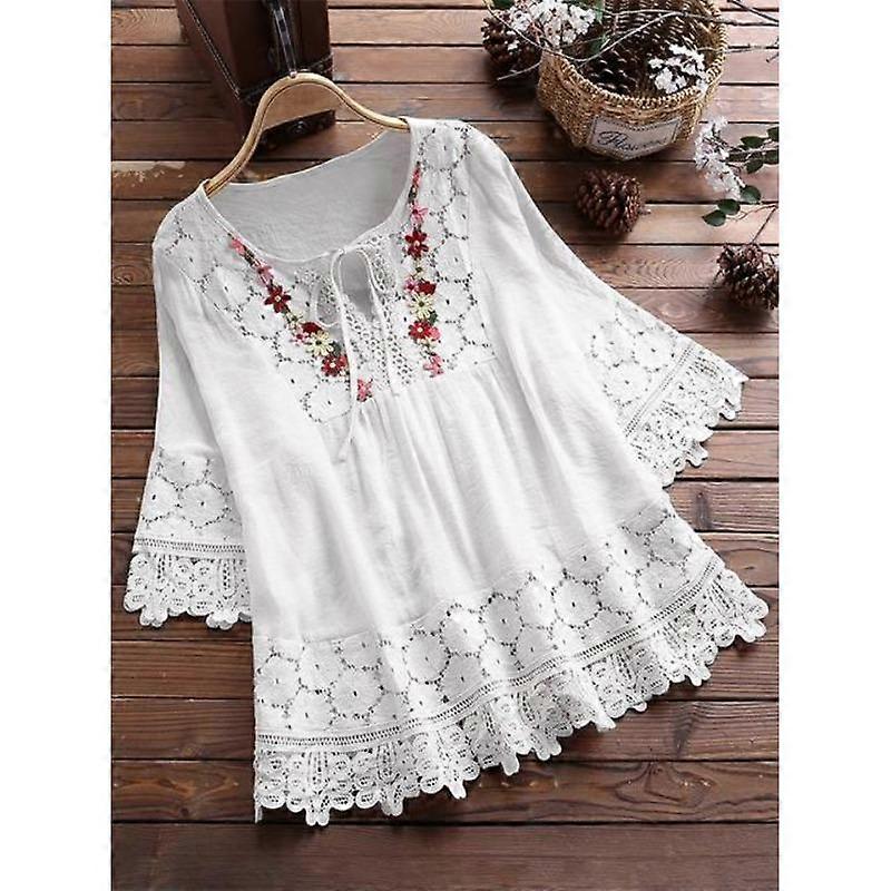 Summer Cotton and Linen Patchwork Lace V-Neck Loose Top