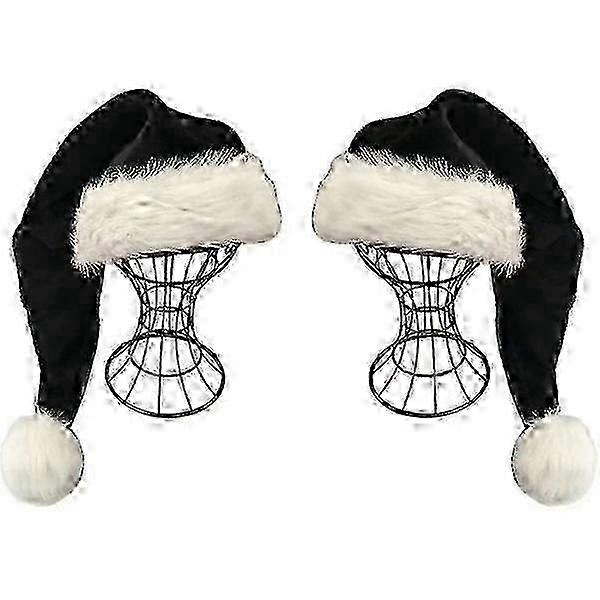 2 Black Long-Haired Santa Hats