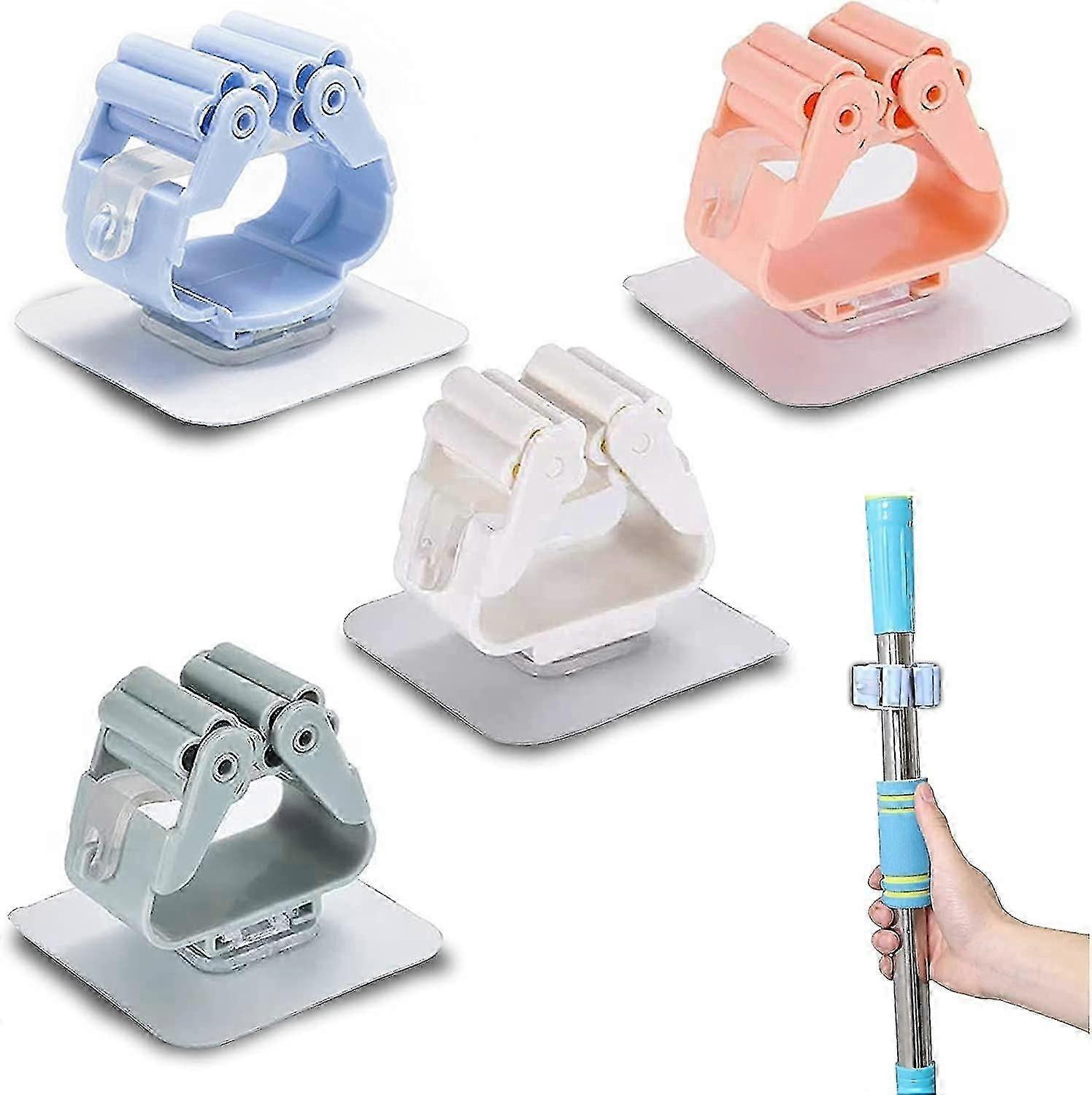 4-Piece Self-Adhesive Wall Mounted Mop Broom Holder, Multi-Function Storage Rack
