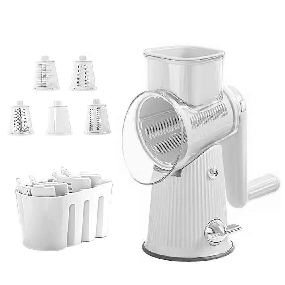 5in1 Rotary Cheese Grater with Handle, Manual Vegetable Shredder with Nuts, Suction Base Cutter, Chopper, White, 1 Piece