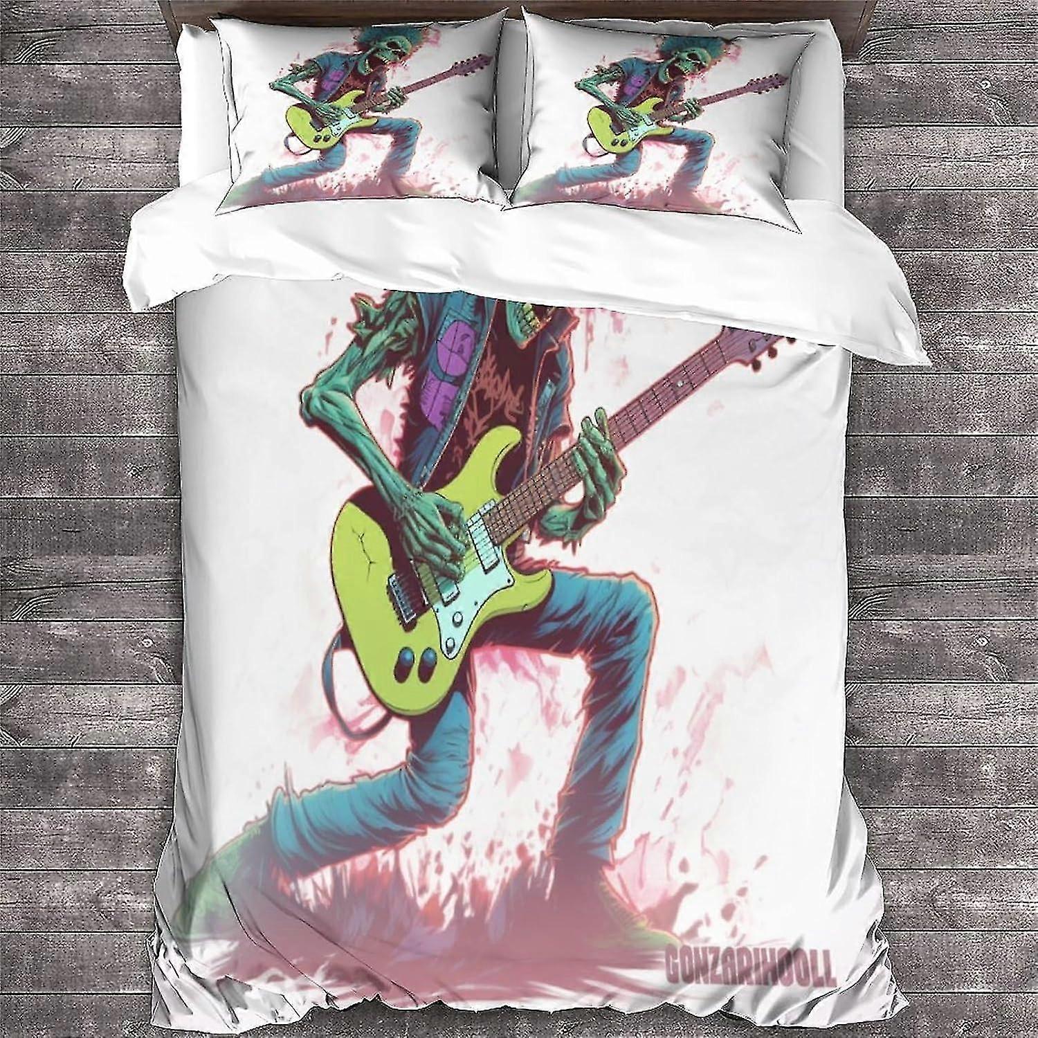 Skull Pattern Heavy Metal gitaar beddengoed set met ritssluiting Zachte microvezel dekbedovertrek en kussenslopen