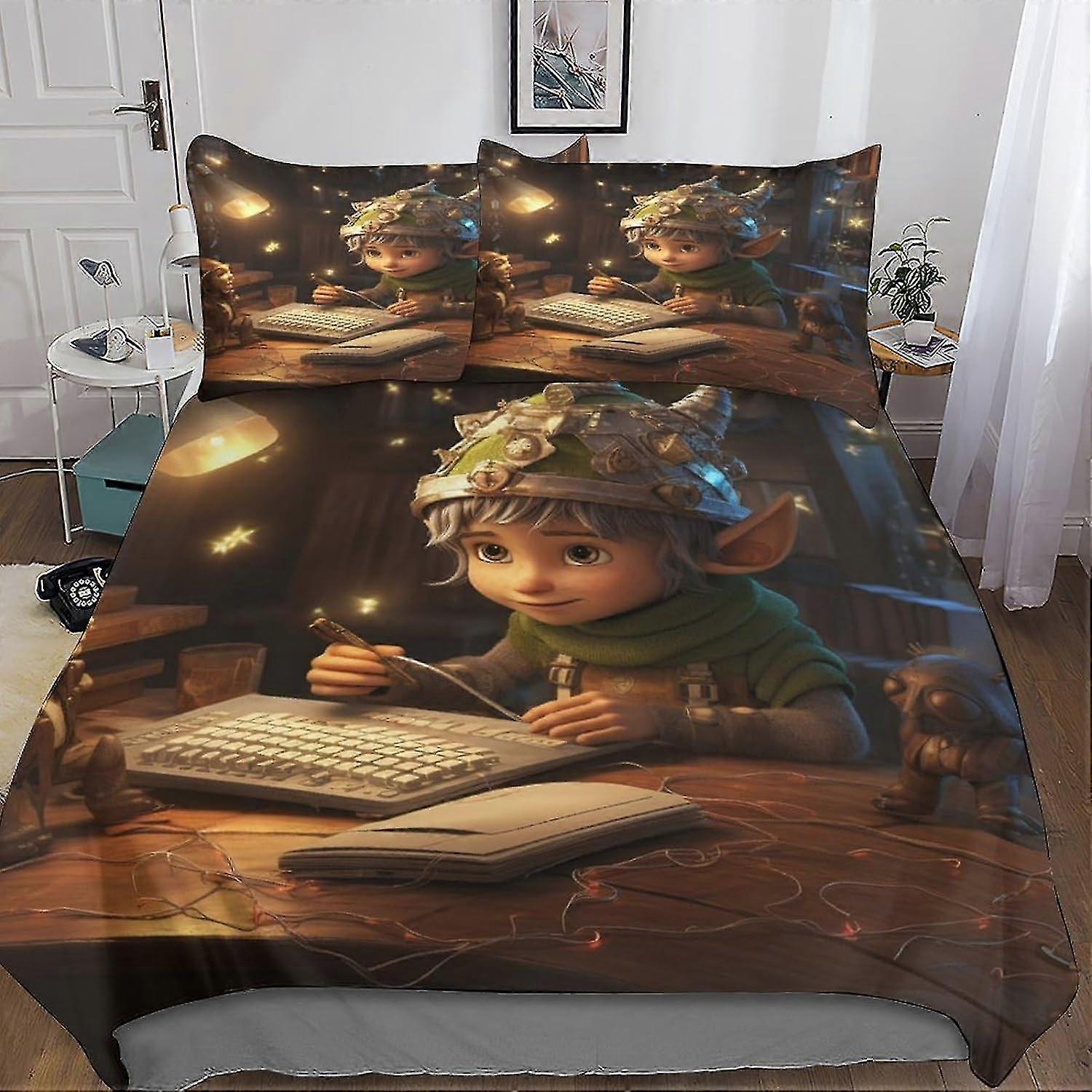 Conjunto de capa de edredão de elfo de Natal impresso em 3D Conjunto de capa de edredom de anão mágico com fecho de zíper para crianças meninos adolescentes microfibra macia 3 peças 