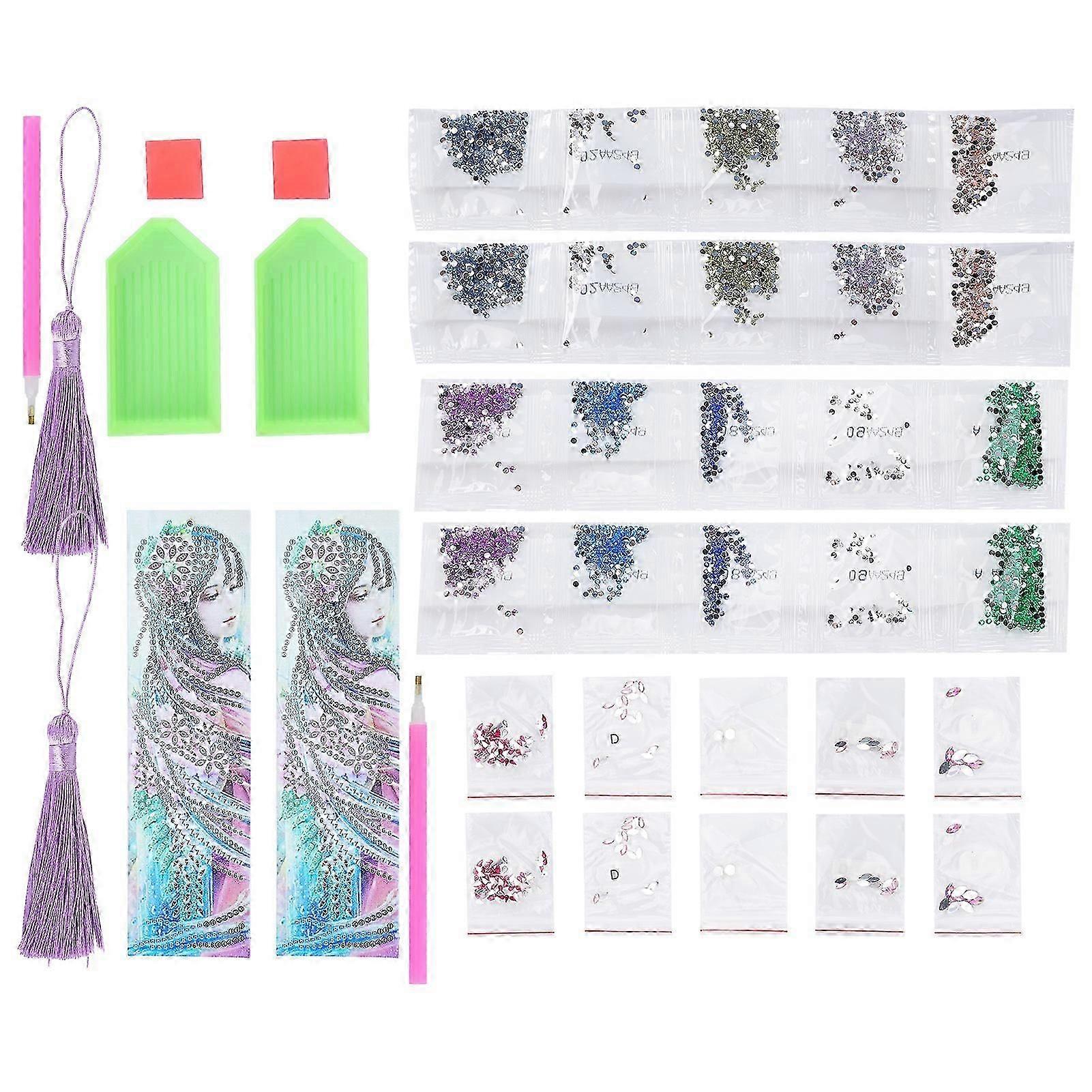 2 Set Diamond Bookmarks Crystal 5D DIY Painting Fancy Shape Round Lady Pattern Hanging Craft