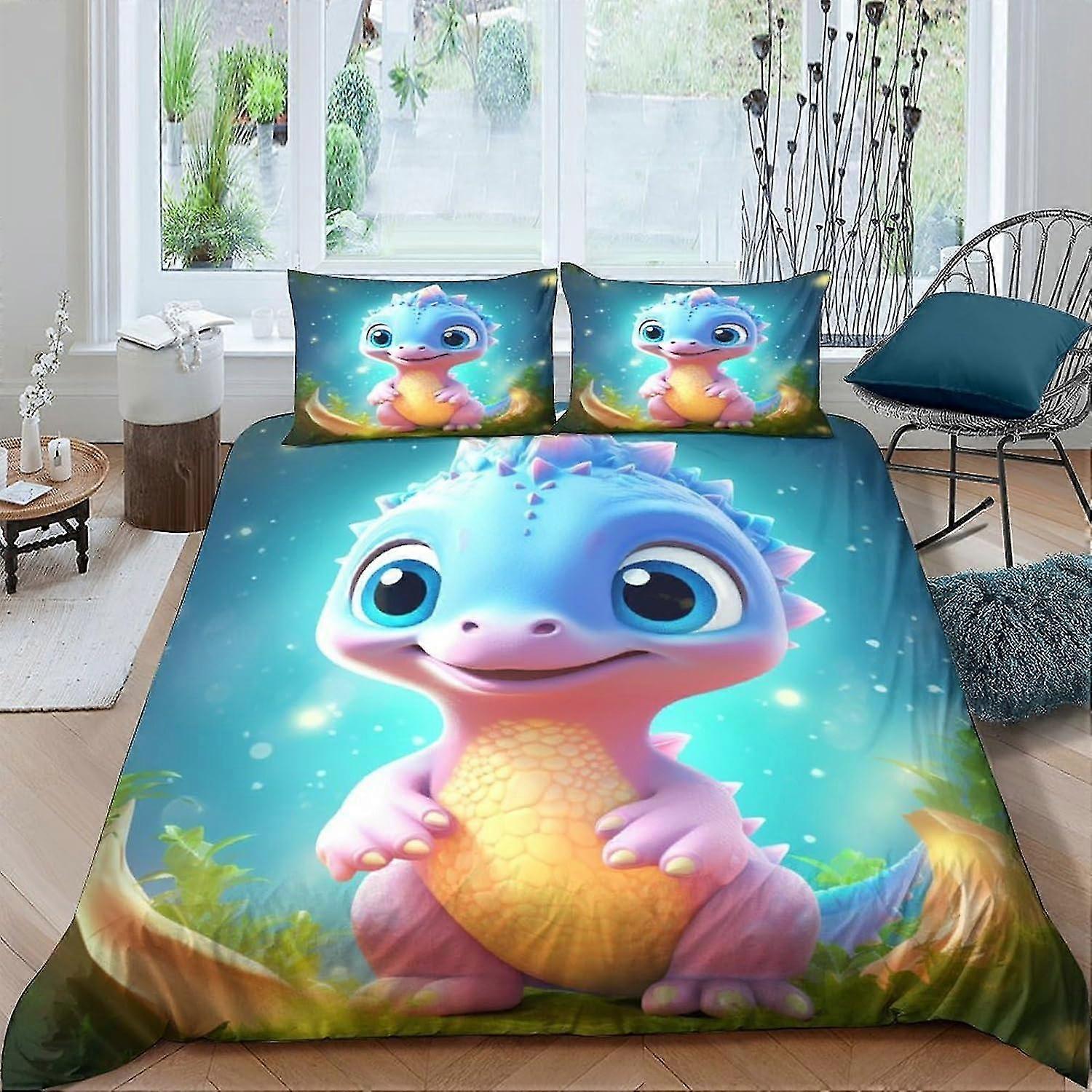 Conjunto de capa de edredom impresso em 3D de dinossauro fofo Conjunto de cama de microfibra macia para crianças e adolescentes 3 peças com fronhas e zíper