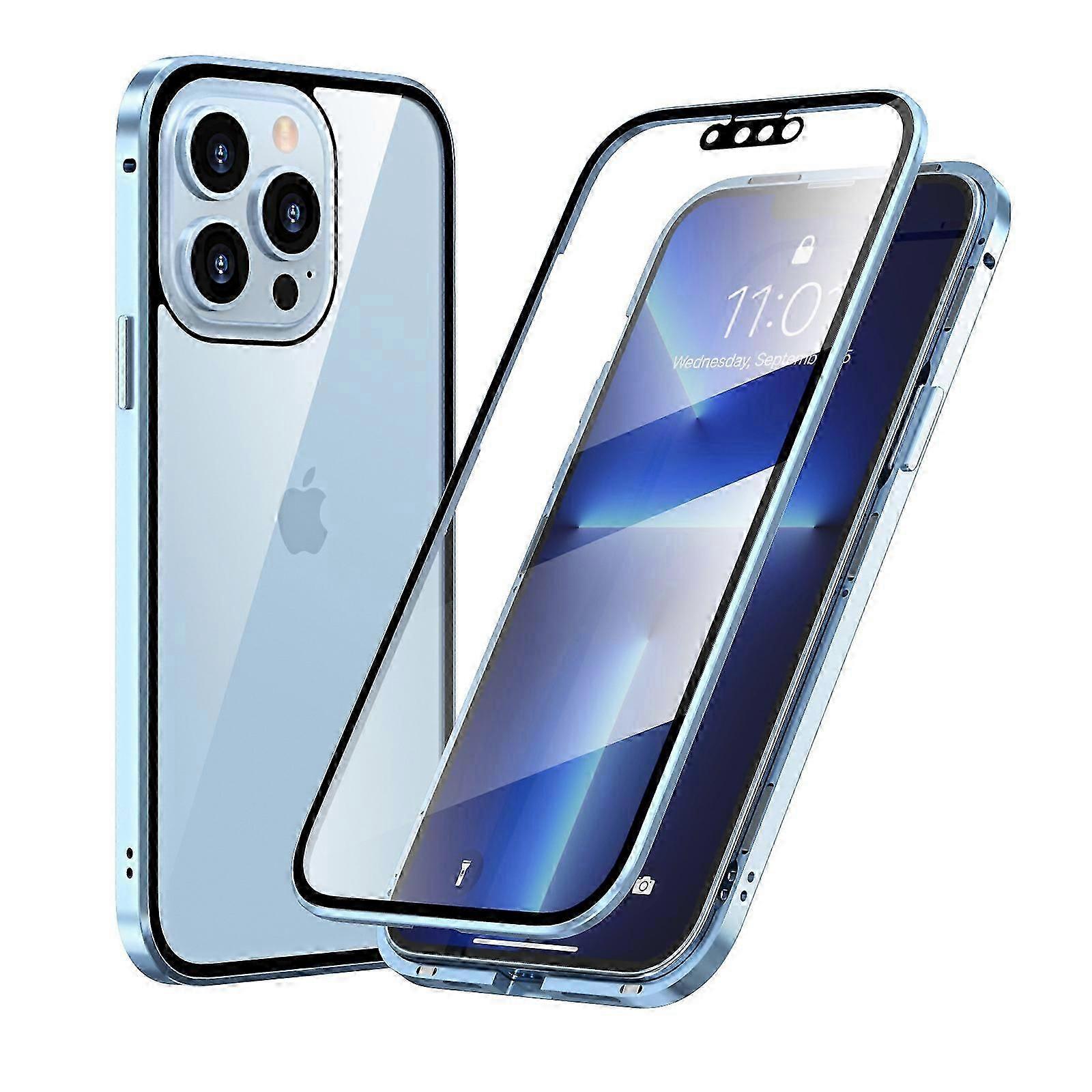 Magnetic Case for iPhone 15 Plus with Safety Lock, Magnetic Tempered Glass Double-Sided Phone Case