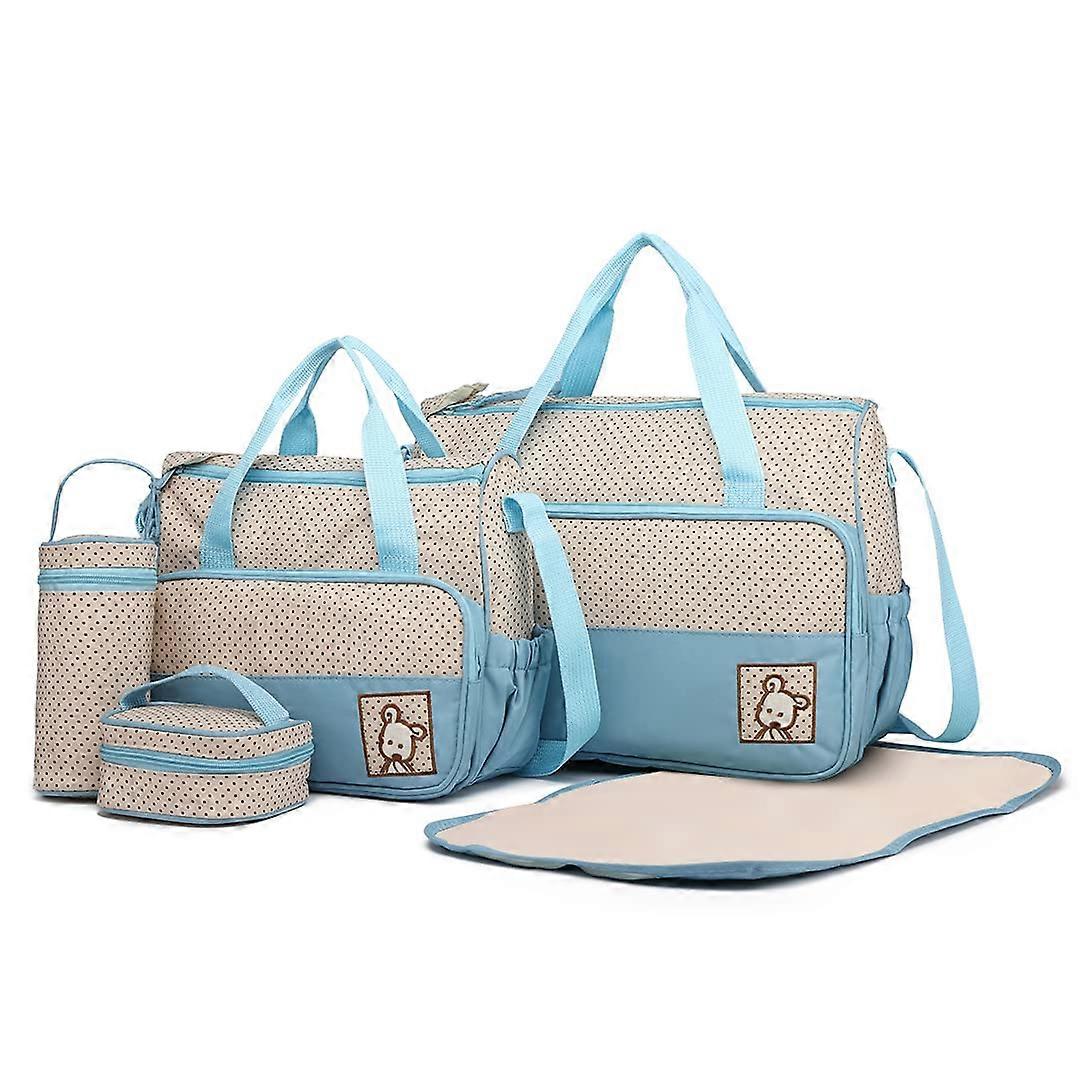 Set of 5 Baby Changing Bag Nappy Bag Handbag Shoulder Bag Bottle Holder with Changing Mat in Blue