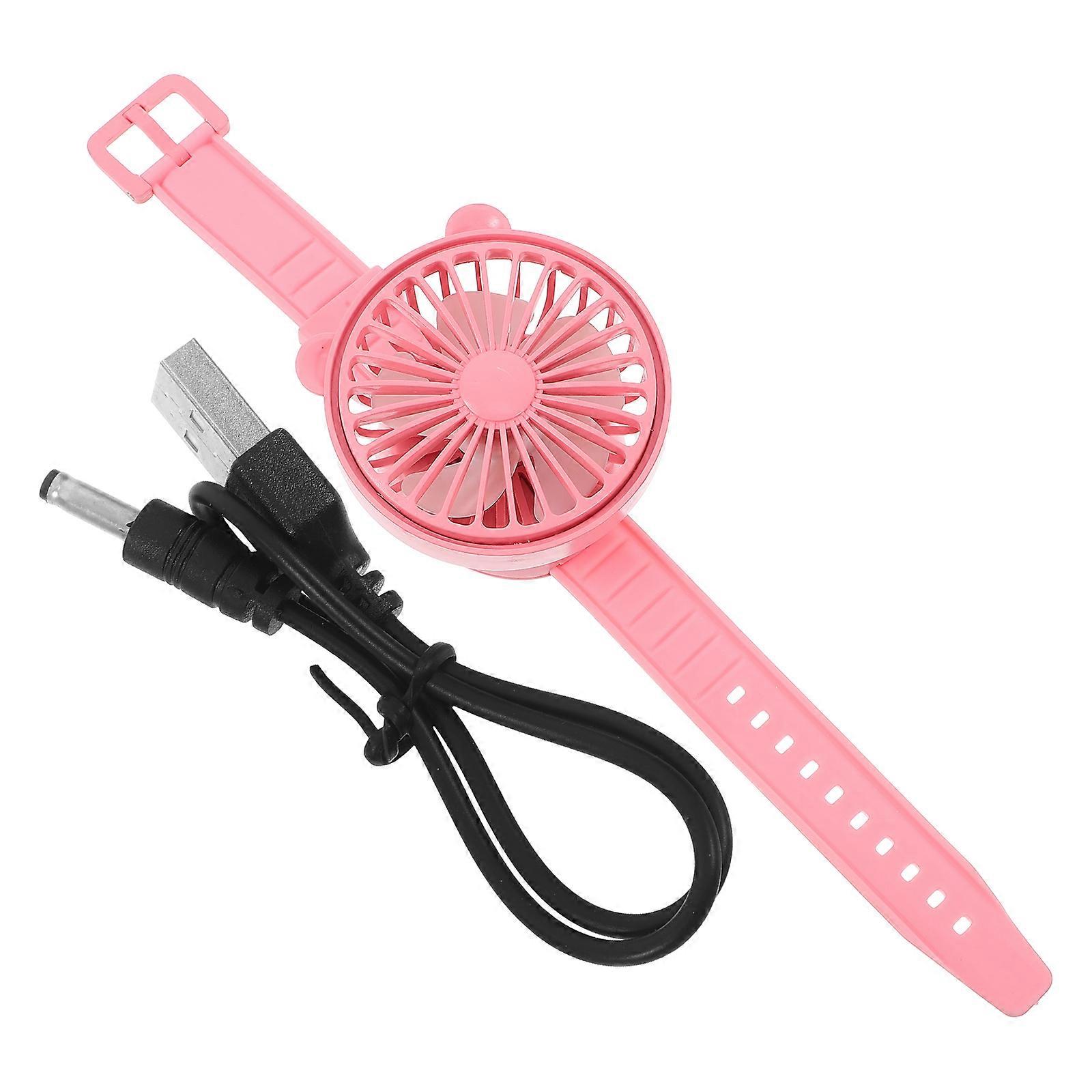 Pink Portable Mini Fan with Watch Design USB Rechargeable Cooling Fan for Home Use Lightweight Foldable 3 Wind Speeds Adjustments