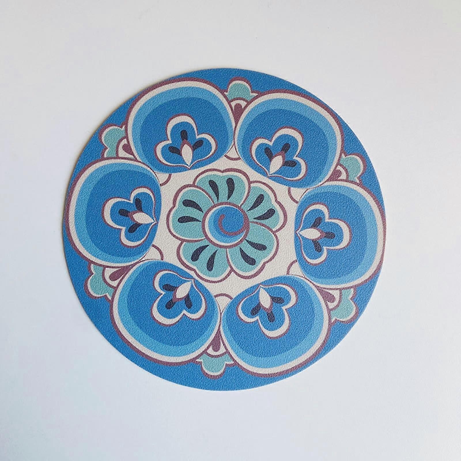 Washable Round Table Set of 6, PU Leather Placemats with Vintage Ethnic Floral Design, Non-Slip Table Coasters in Blue Green, 33CM