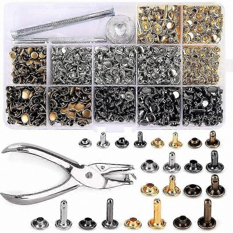 Tubular Metal Rivets Kit with Tools for Leather Crafting Projects, 3 Sizes & 4 Colors, Includes Punch Pliers and Fixing Accessories (480 Pieces)