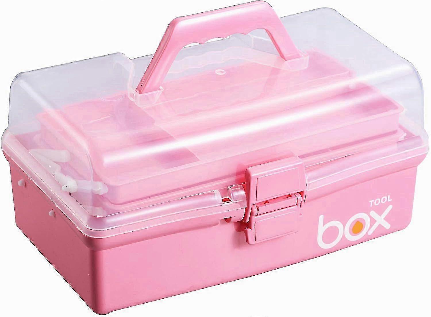12' Three-Layer Clear Plastic Storage Box/Tool Box, Multipurpose Organizer and Portable Handled Storage Case for Art Craft and Cosmetic (Pink)--