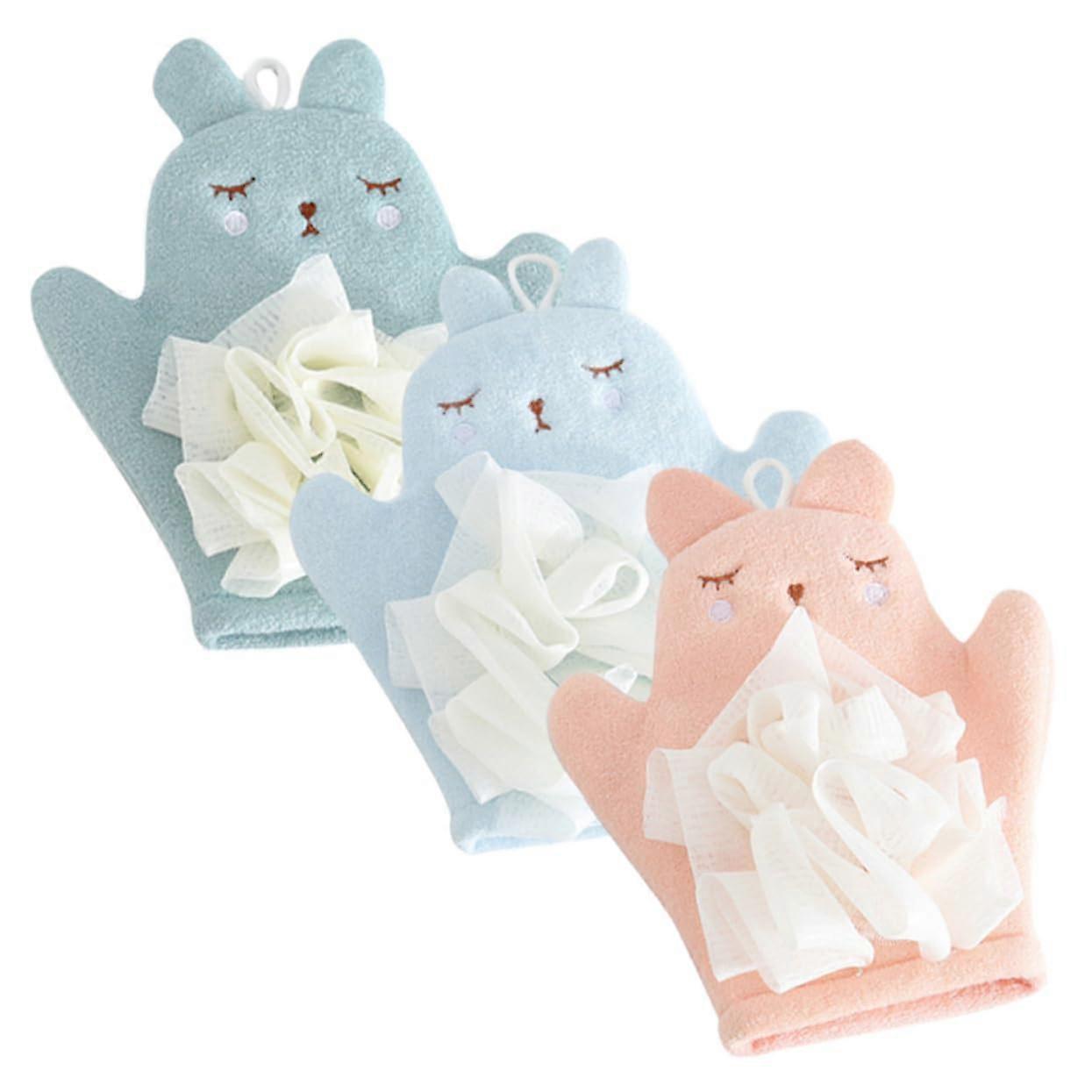 3pcs Dual Sided Exfoliating Bath Mitts Ergonomic Scrub Gloves with Bunny Design for Body Massage Durable Hanging Loop