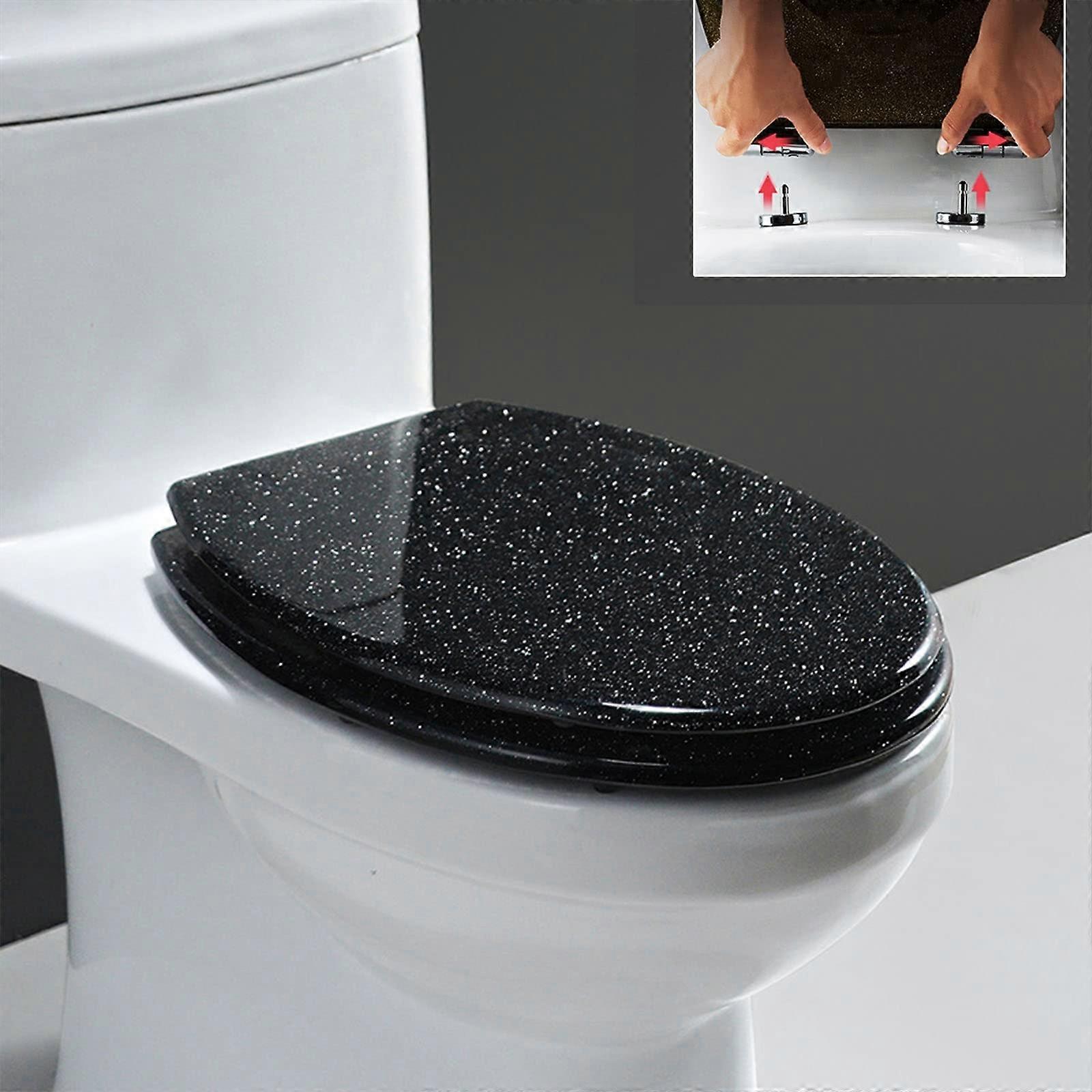 Gold Toilet Seat Glitter Resin With Soft Close Elongated 36 X 42 Cm Silver Foil Black Easy To Clean And Install