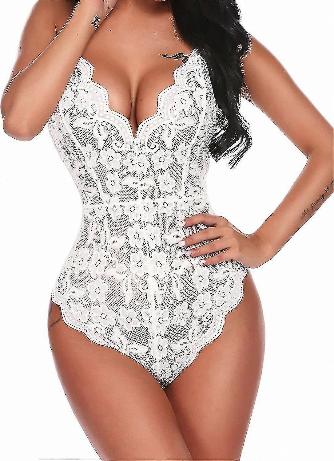 Women's Alluring Lace Bodysuit - Elegant One-Piece Undergarment with Deep V Design
