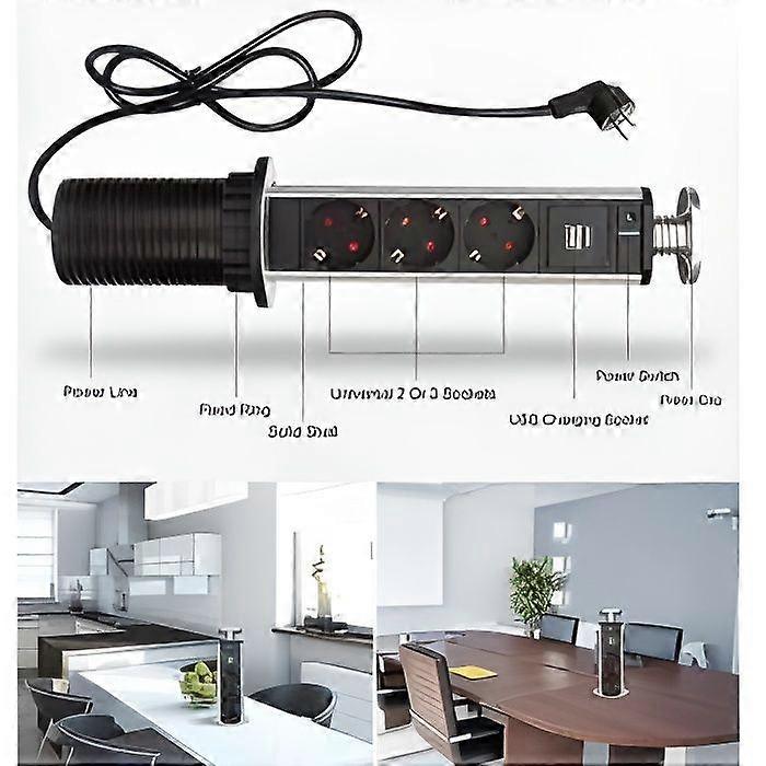 Retractable power strip with 3 sockets + 2 USB chargers