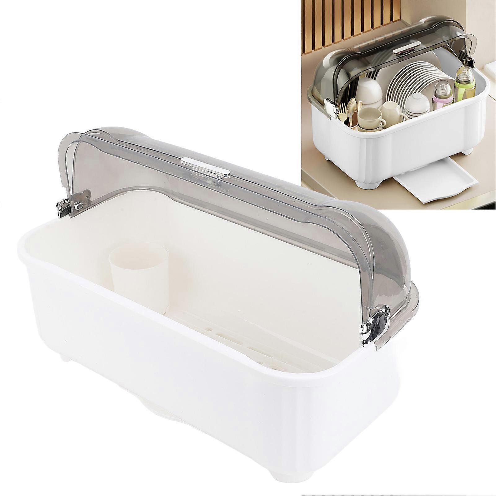 Extra Large Grey White Dish Drying Rack with Cover, Space Saver