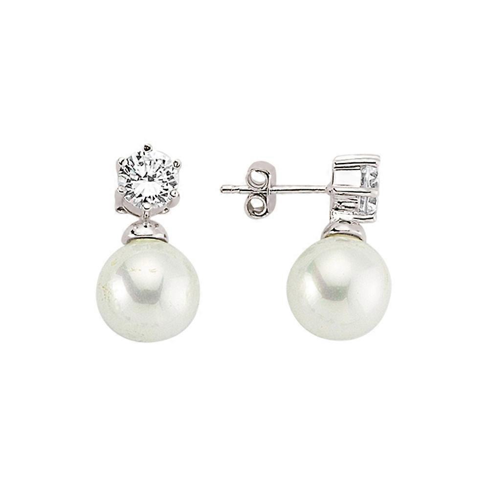 Jewelco London Ladies Sterling Silver Cubic Zirconia & Simulated Pearl Solitaire Stud Earrings 11mm