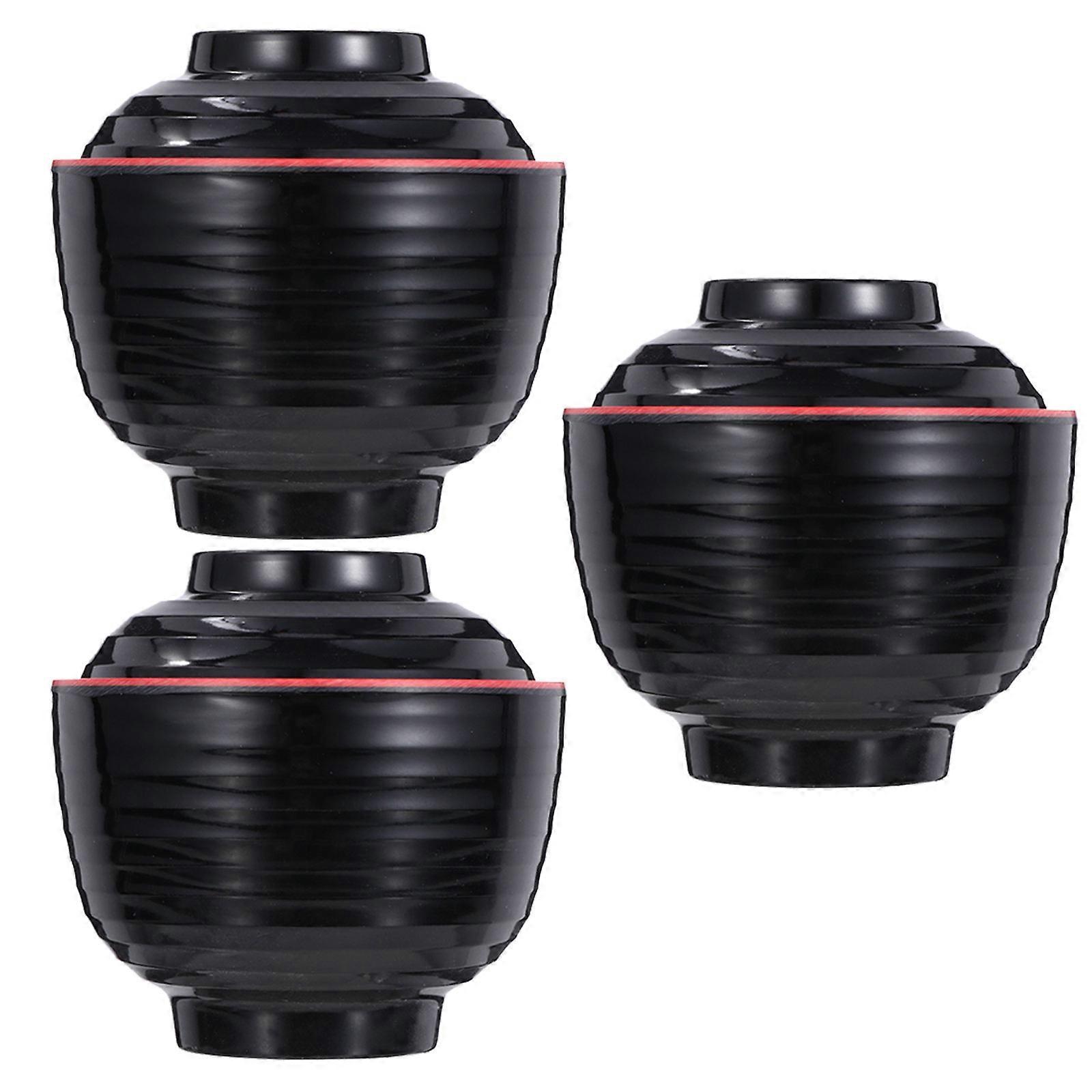 Covered Miso Bowl 3Pcs Black Round Design Japanese Style Perfect For Serving Miso Soup Easy To Clean