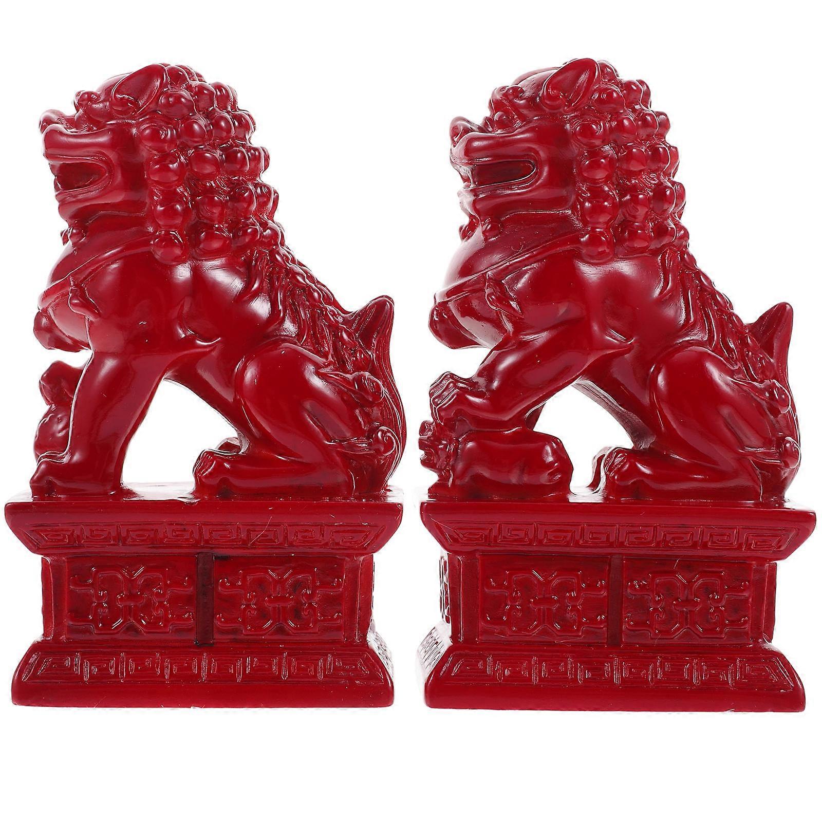 Dark Red Resin Lion Ornament for Tabletop Decor with 1Pair of Lion Statues