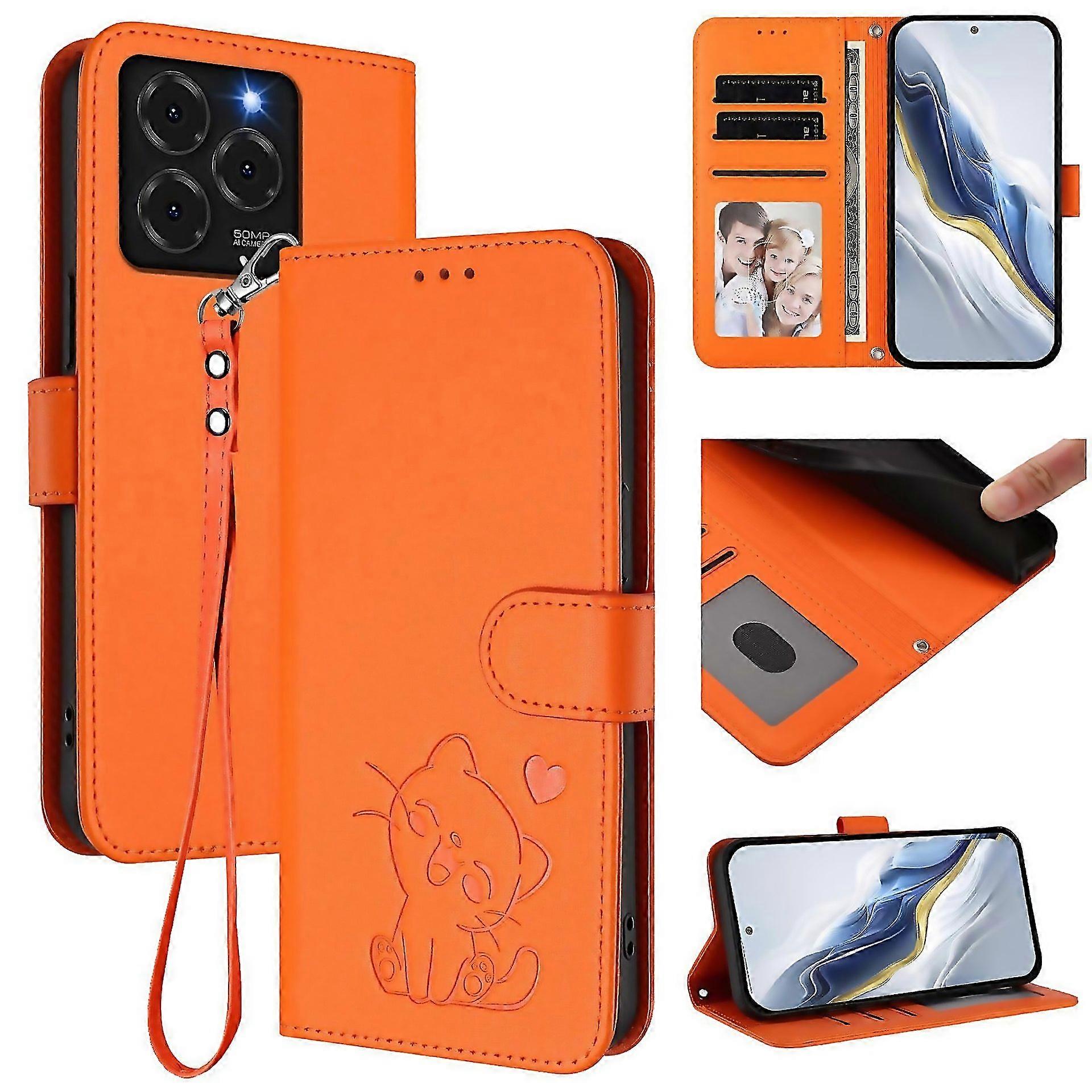 For Embossed Heart Cat Leather Phone Case With Hand Strap Suitable For Everyday Use