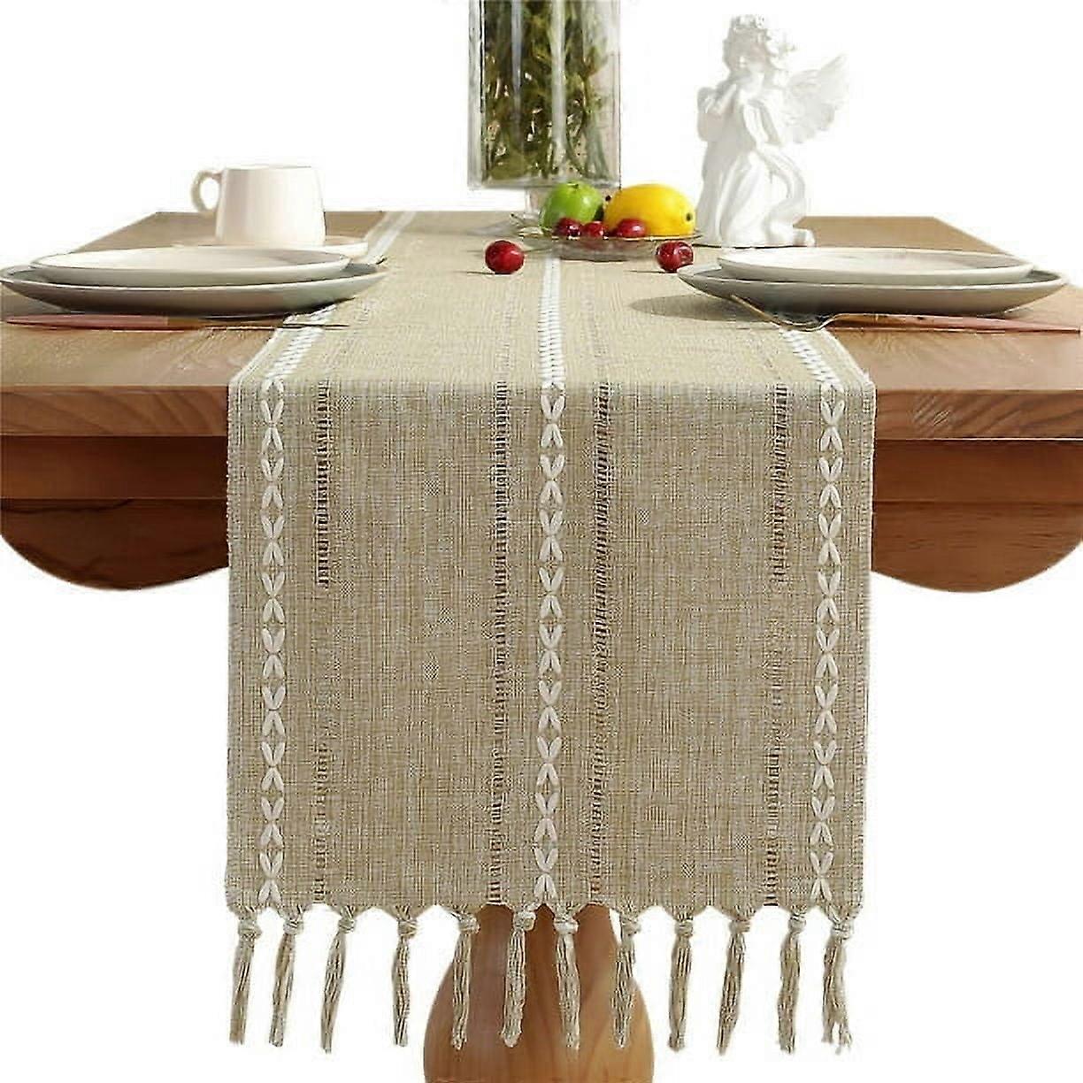 Yellow Handmade Cotton Linen Table Flag Cloth with Tassels, B Size, Home Coffee Table Decor