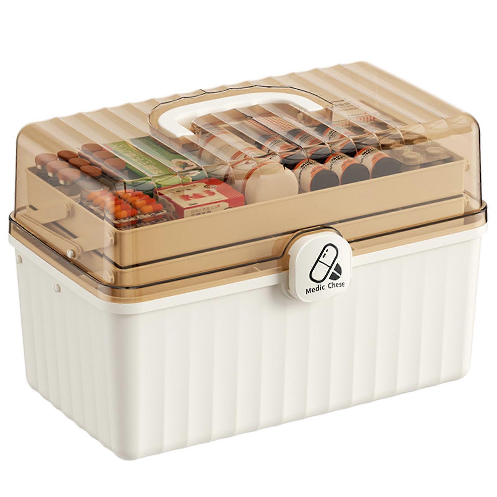Large Medicine Storage Box with Handle, 3 Layer Portable First Aid Organizer, Lockable Transparent Lid