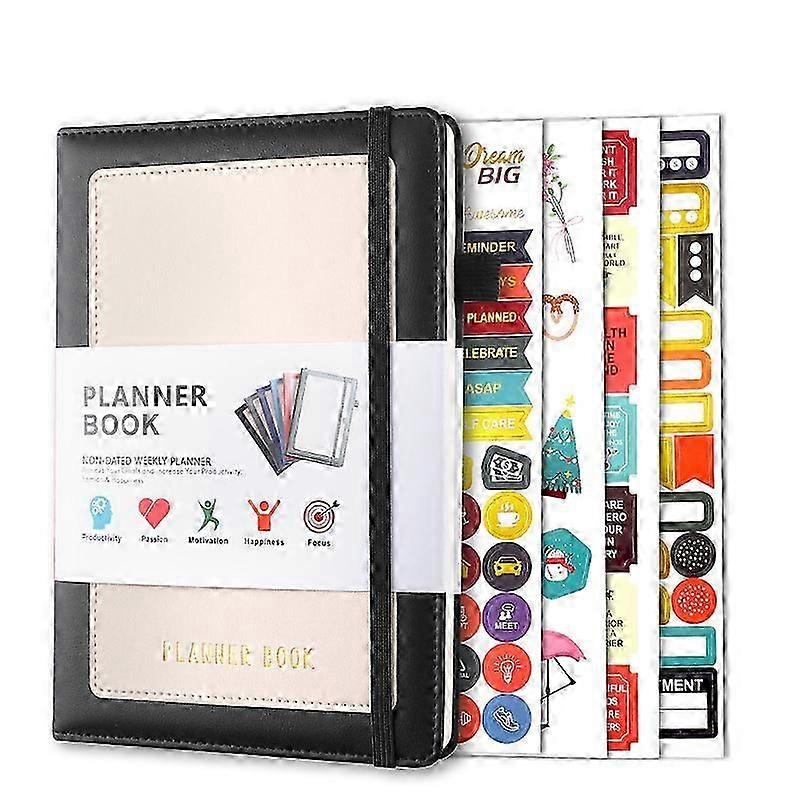 A5 weekly and monthly planner, ruled, threaded binding, leather cover, 240 pages, self-discipline strapped notebook, productivity manual