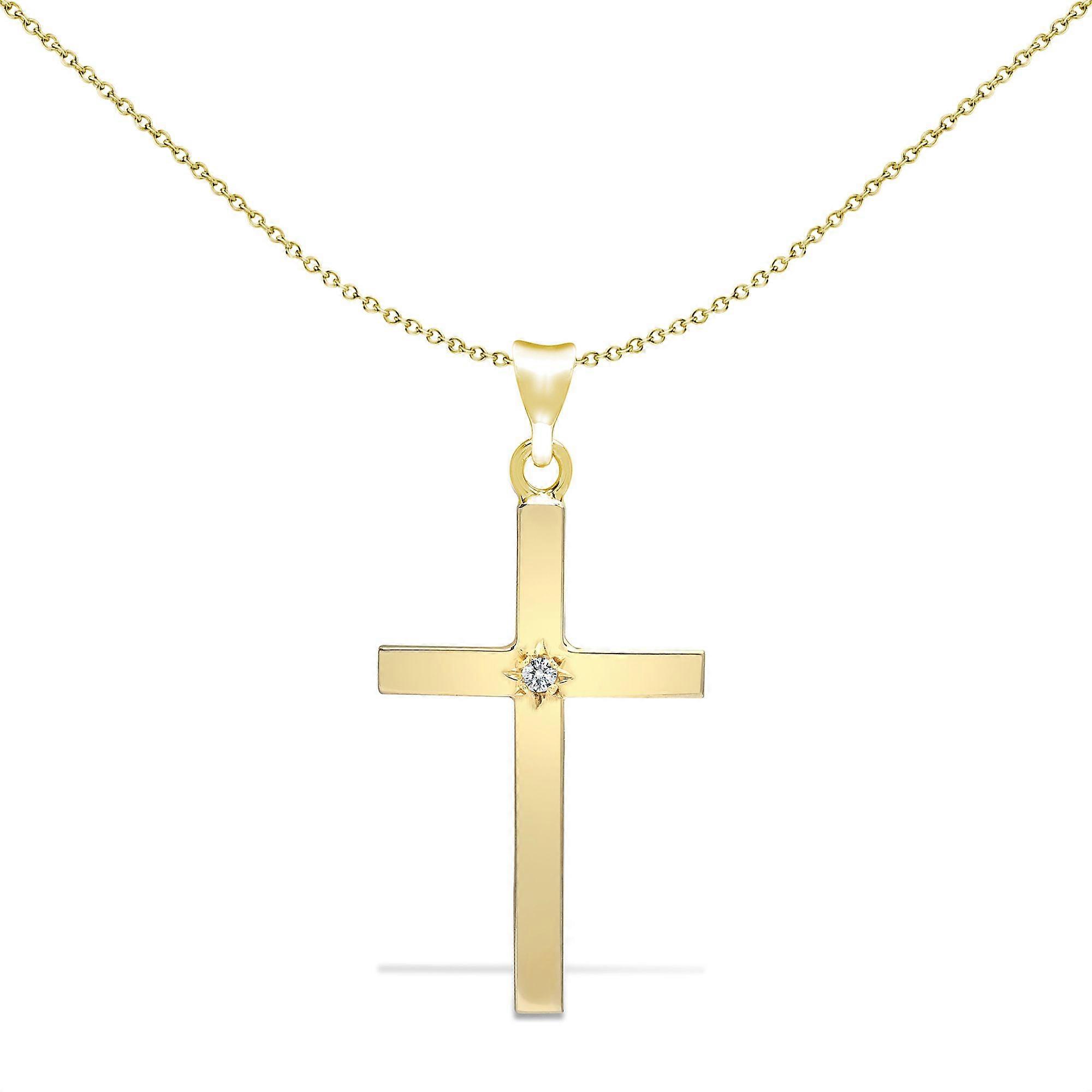 Jewelco London 实心 9 克拉黄金吉普赛镶嵌圆形 I SI2 0.05 克拉钻石单石十字架吊坠