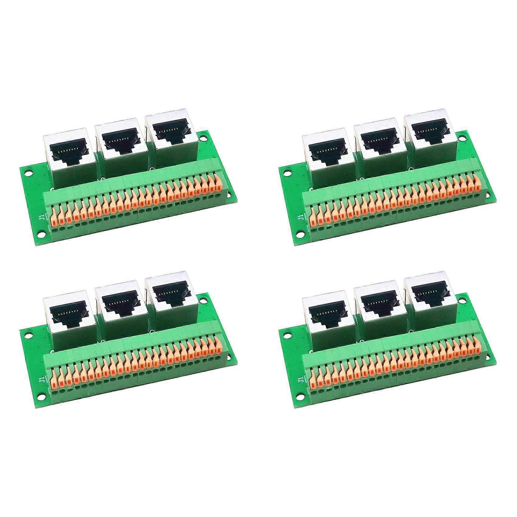 4X RJ45 Female Breakout Board,Solderless RJ45 to 8Pin Quick Spring Terminal,Three Ways RJ45 Female Connector