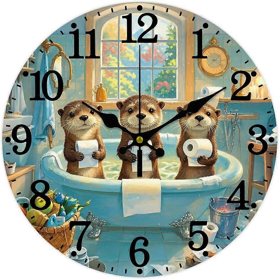 Otter Hugging Paper Pattern Wall Clock 12 Inch Non-Ticking Bathtub Pattern Clocks Round Wall Hanging Clock Battery Operated for Bedroom Living Room Ki