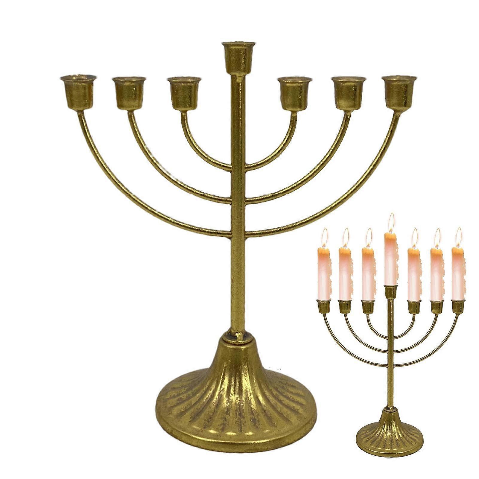 Vintage Iron Menorah Candle Holder with 9 Branches for Hanukkah, Retro Gold Finish, Detachable Design