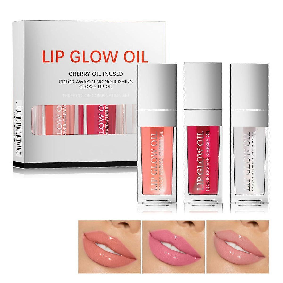 3Pcs Long Lasting Plumping Lip Oil Gloss Set A with Moisturizing Transparent Shine