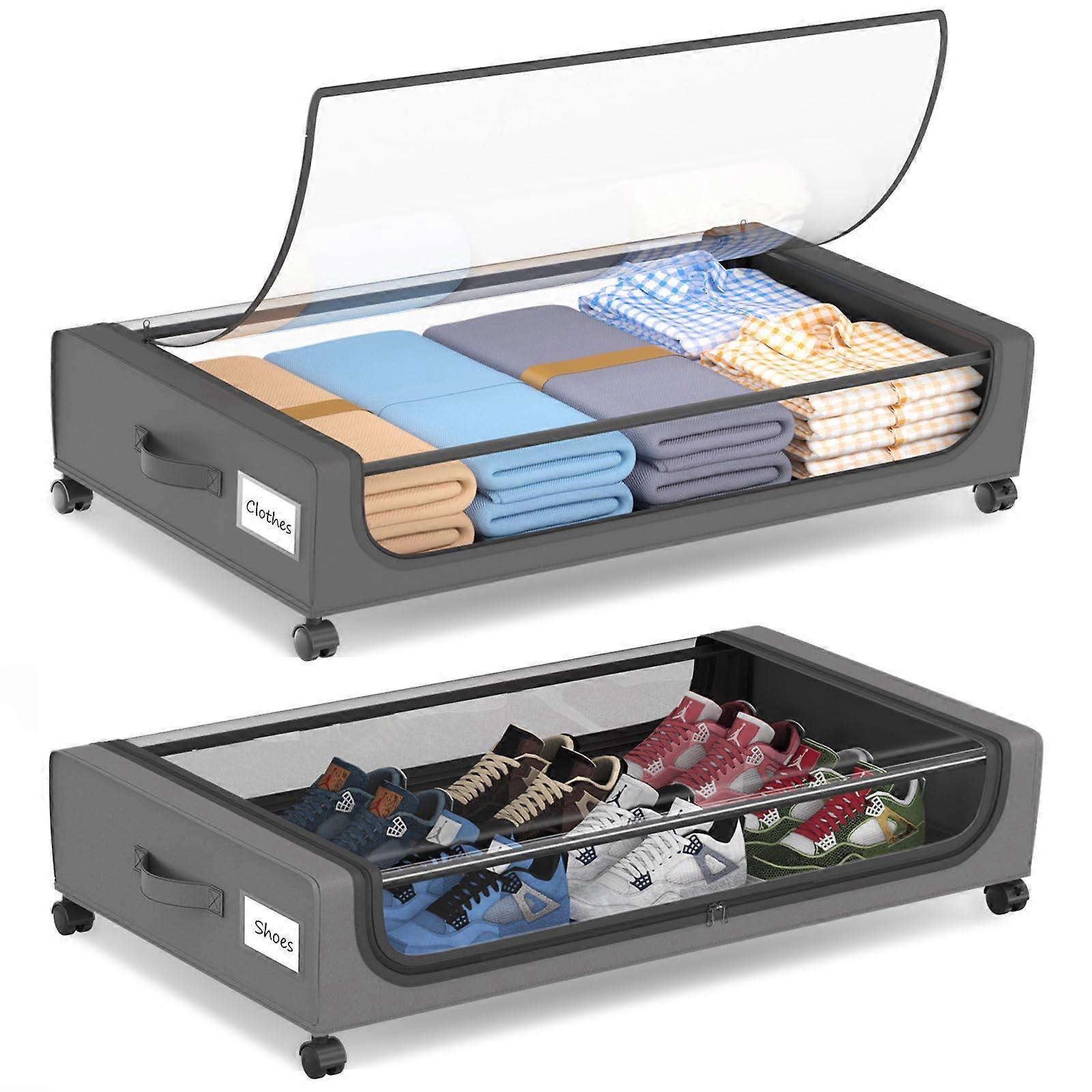 Extra Large Under Bed Storage Container with 360° Wheels, Clear Window, 2 Pack Light Grey