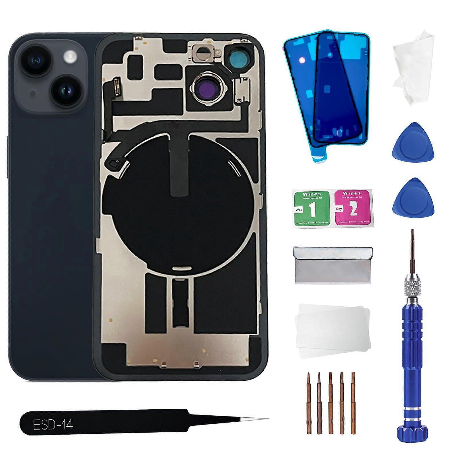 Back Glass Replacement Kit Midnight with Camera Frame and Waterproof Wireless Charging for iPhone 14
