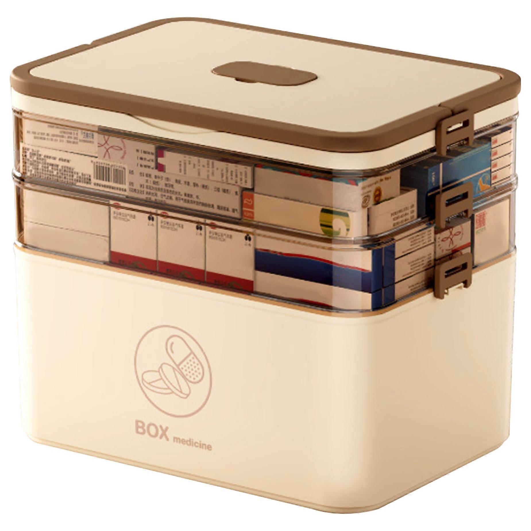 First Aid Storage Box TripleLayer Medicine Organizer with Secure Sealing Buckle, Brown PP
