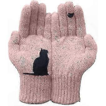 Damen-Winterhandschuhe aus Kaschmir mit Katzenmuster, 2er-Pack, Grau/Rosa