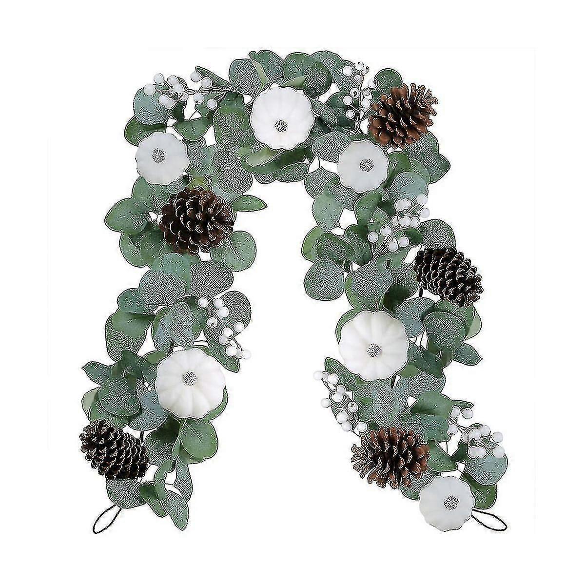 Autumn Foliage Garland Artificial Eucalyptus White Pumpkins Pinecones Berries