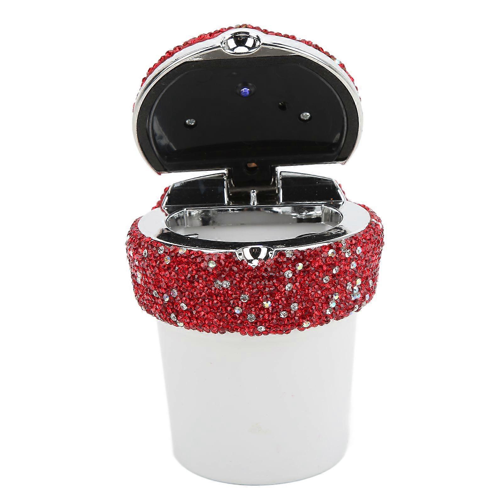Car Ashtray DiamondStudded Smokeless Container with LED Light Indicator Multifunctional Universal(Red )