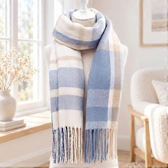 Women's Wool Blend Plaid Scarf, Thickened Warm Winter Fringed Shawl for Autumn Commuting