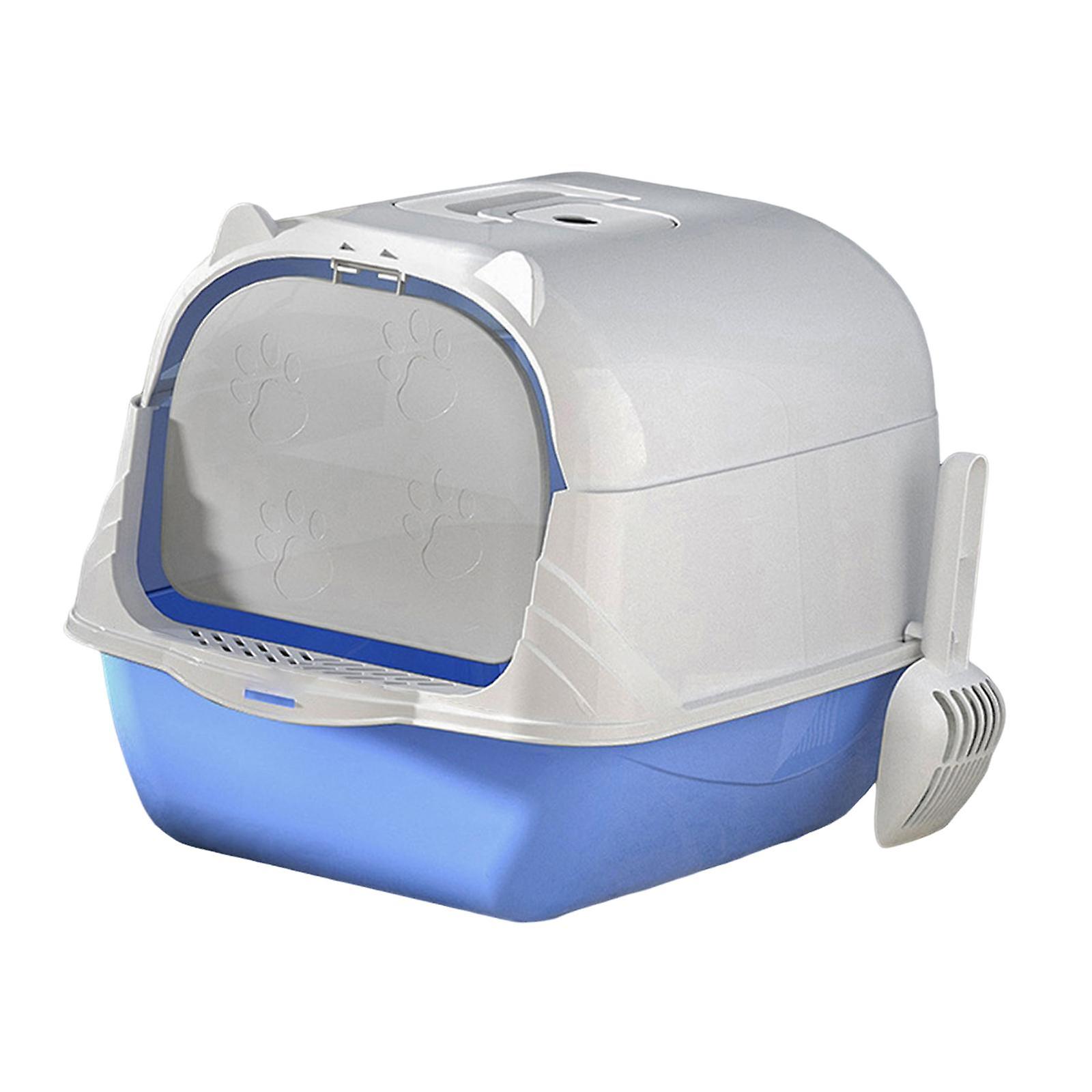 Hooded Cat Litter Box Litter Pan Large Space Enclosed and Covered Cat Toilet Blue