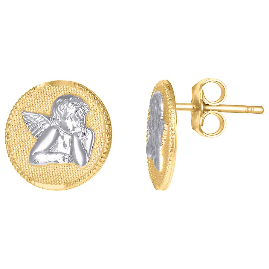 10k Deux Tons Or Femmes Texturé Raphaël Ange Religieux Rond Stud Boucles d’Oreilles 9.6x9.6mm Wide-Stud Boucle d’Oreille pour Femmes