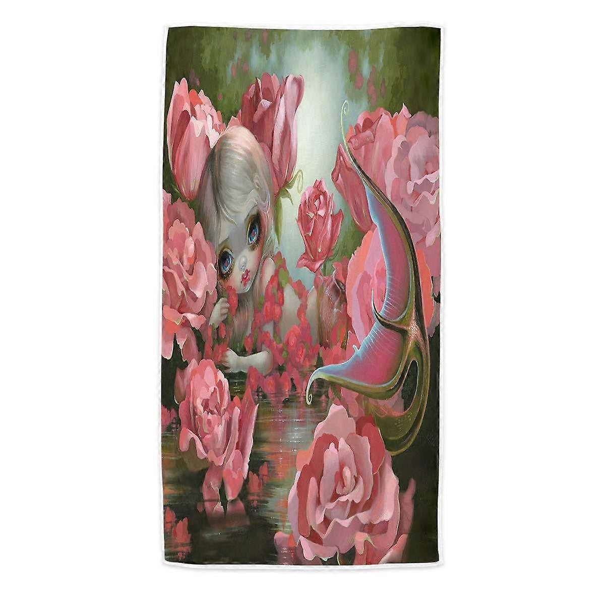 Pink Fantasy Art Mermaid with Roses Microfiber Beach Towel