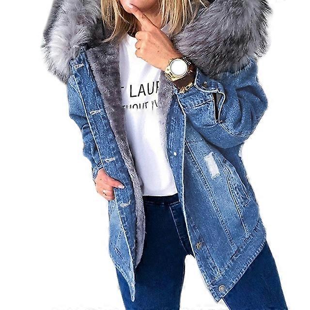 النساء الشتاء الدافئة رقيق طوق مقنعين الدنيم سترة سميكة أفخم اصطف دافئ كم طويل معطف جان زر أسفل المتضخم فضفاض خارج