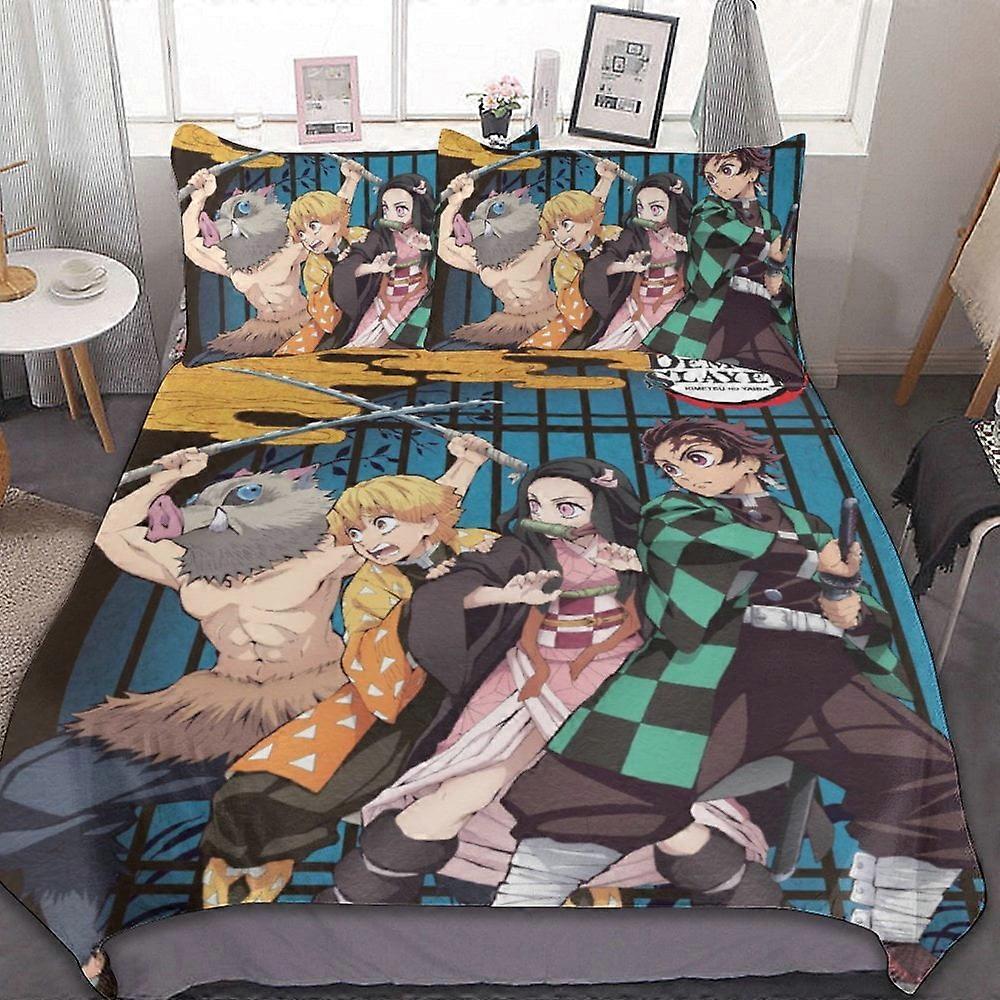 30v Demon Slayer 3-osainen vuodevaatteet Lämmin ja mukava pehmeä pussilakana sänkysetti, jossa on 1 pussilakana ja 2 tyynyliinaa pojille Tytöt Lapset Aikuinen sänky