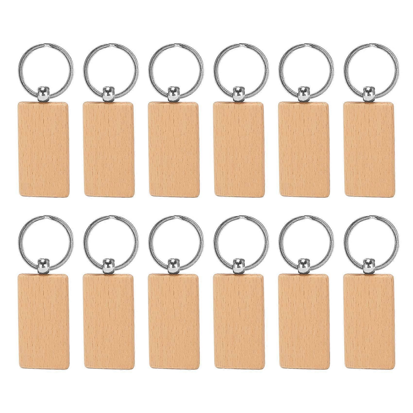 12 Pcs Blank Wooden Key Chain Rectangle Key Chain Tags Wood Keychains Key Ring for DIY Craft